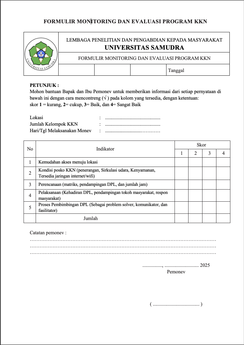 Formulir Monitoring dan Evaluasi Program KKN